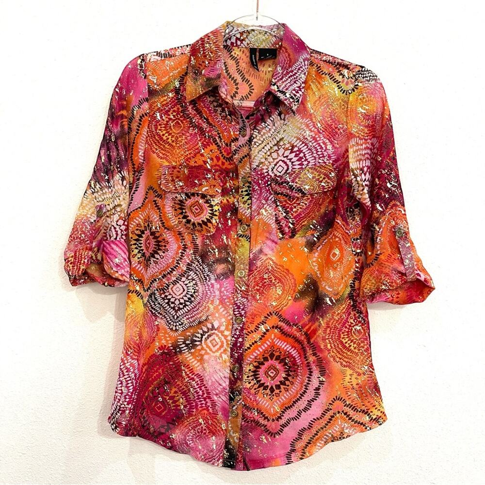 New Directions Blouse Geometric Print 3/4 Sleeve Button Down Semi-Sheer - Small